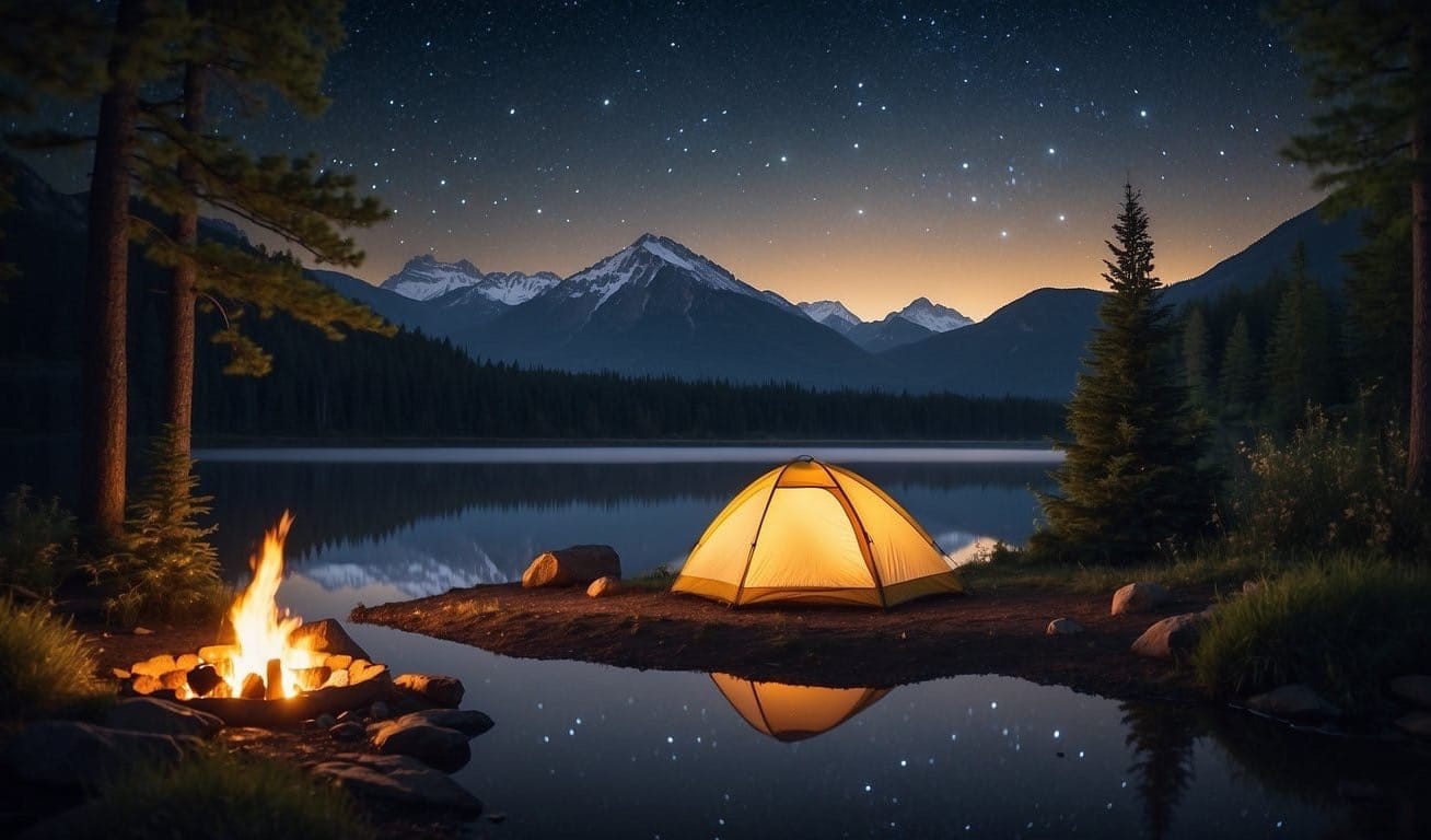 A serene campsite with a crackling fire, cozy tent, and starry night sky. A peaceful lake reflects the moonlight, surrounded by lush trees