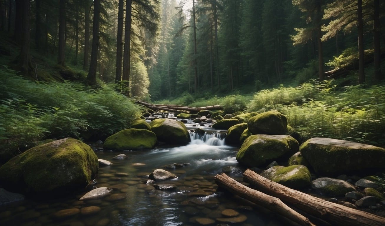 A serene forest with a clear stream, a campfire, and hiking trails, surrounded by fresh air and greenery