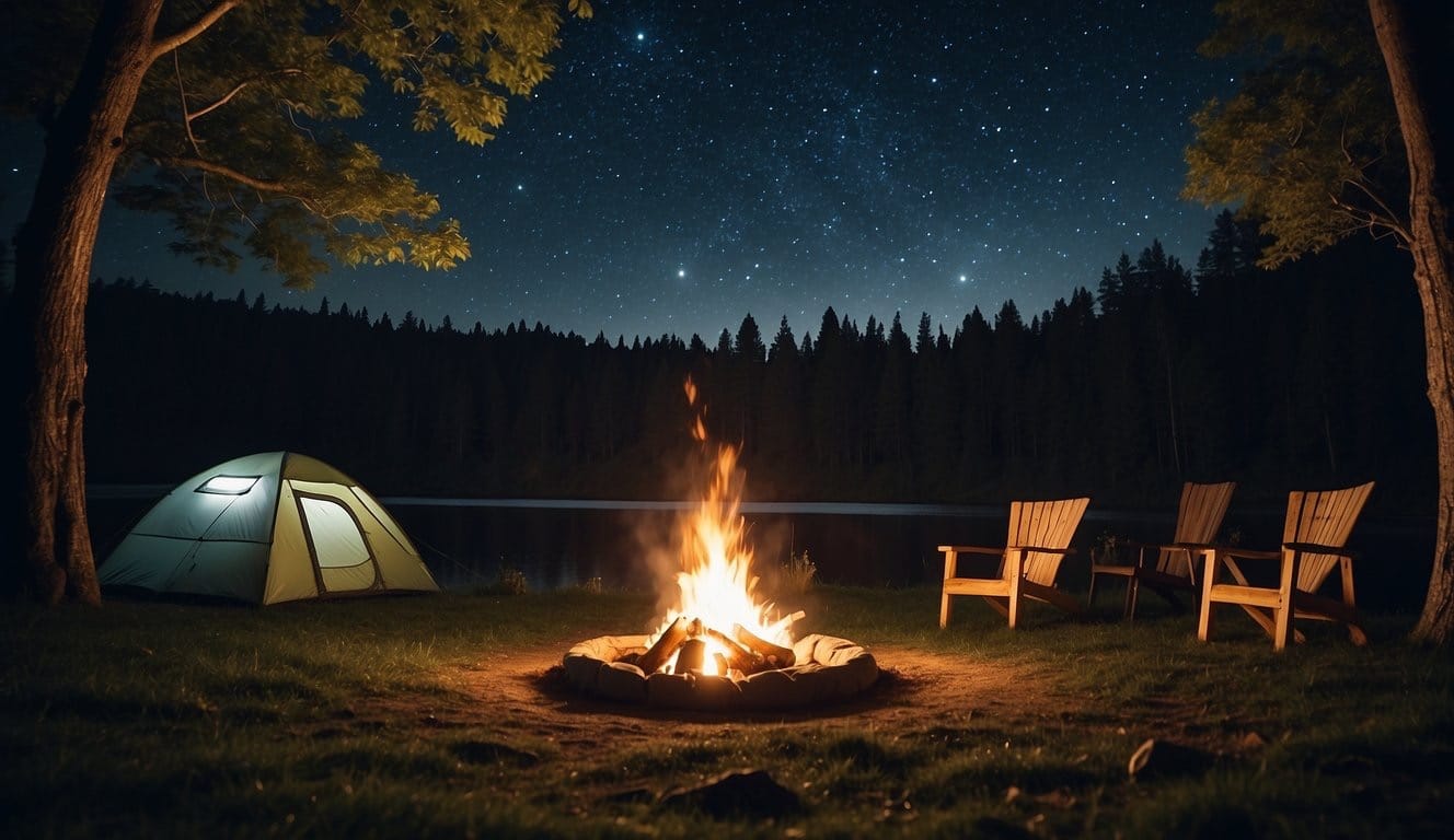 A serene campsite with a crackling fire, surrounded by lush greenery and a clear starry sky, evoking feelings of peace and relaxation