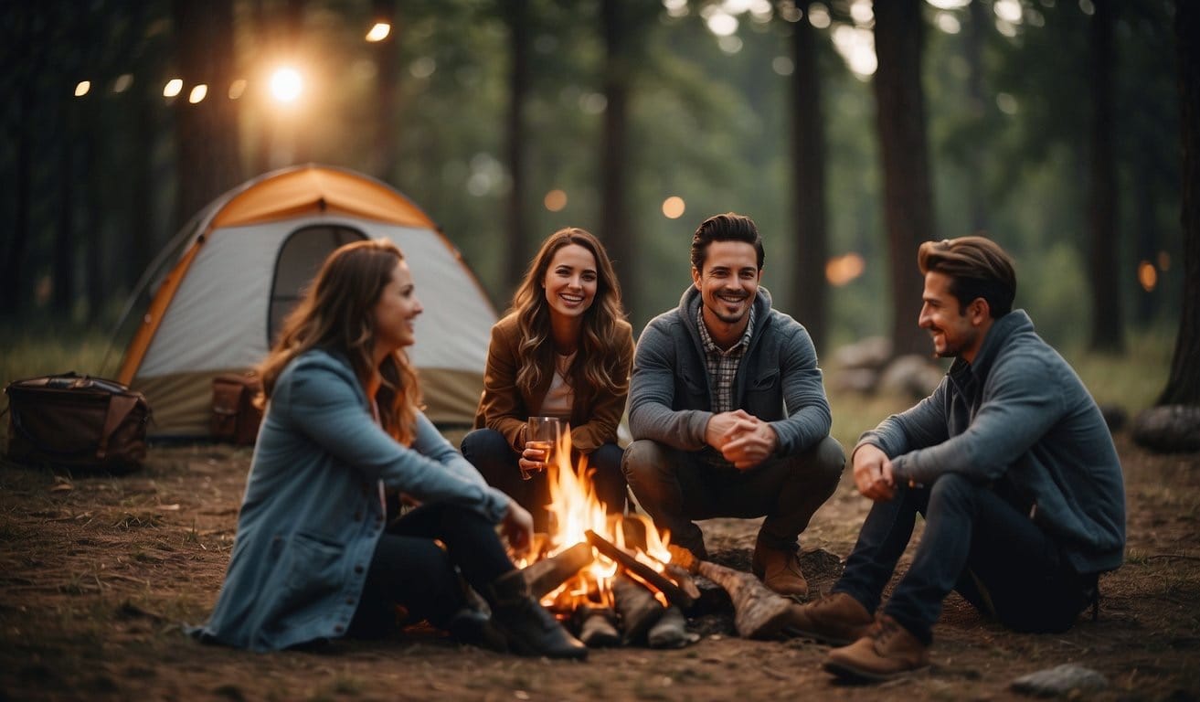 A group of people sit around a campfire, laughing and chatting. Tents and trees surround them, creating a cozy and intimate atmosphere