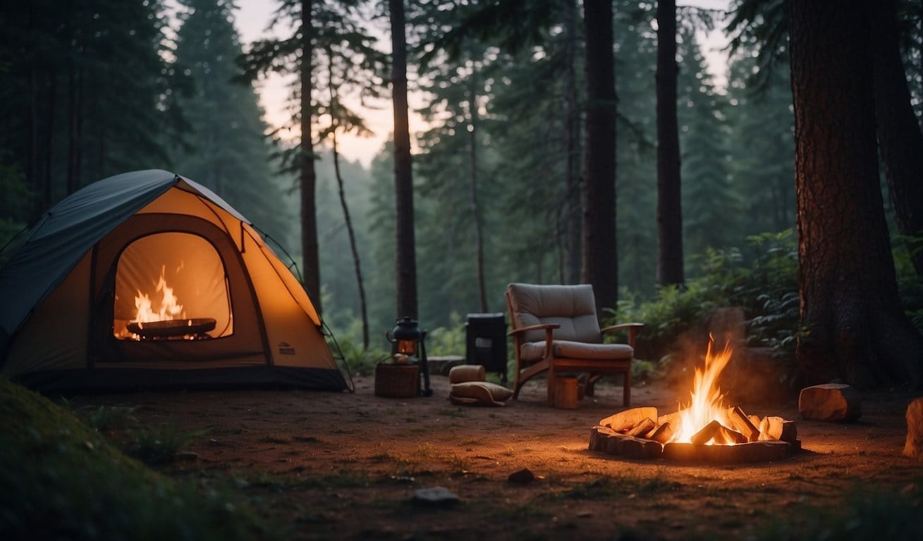 A serene campsite nestled in a lush forest, with a crackling campfire and a cozy tent under a starry sky