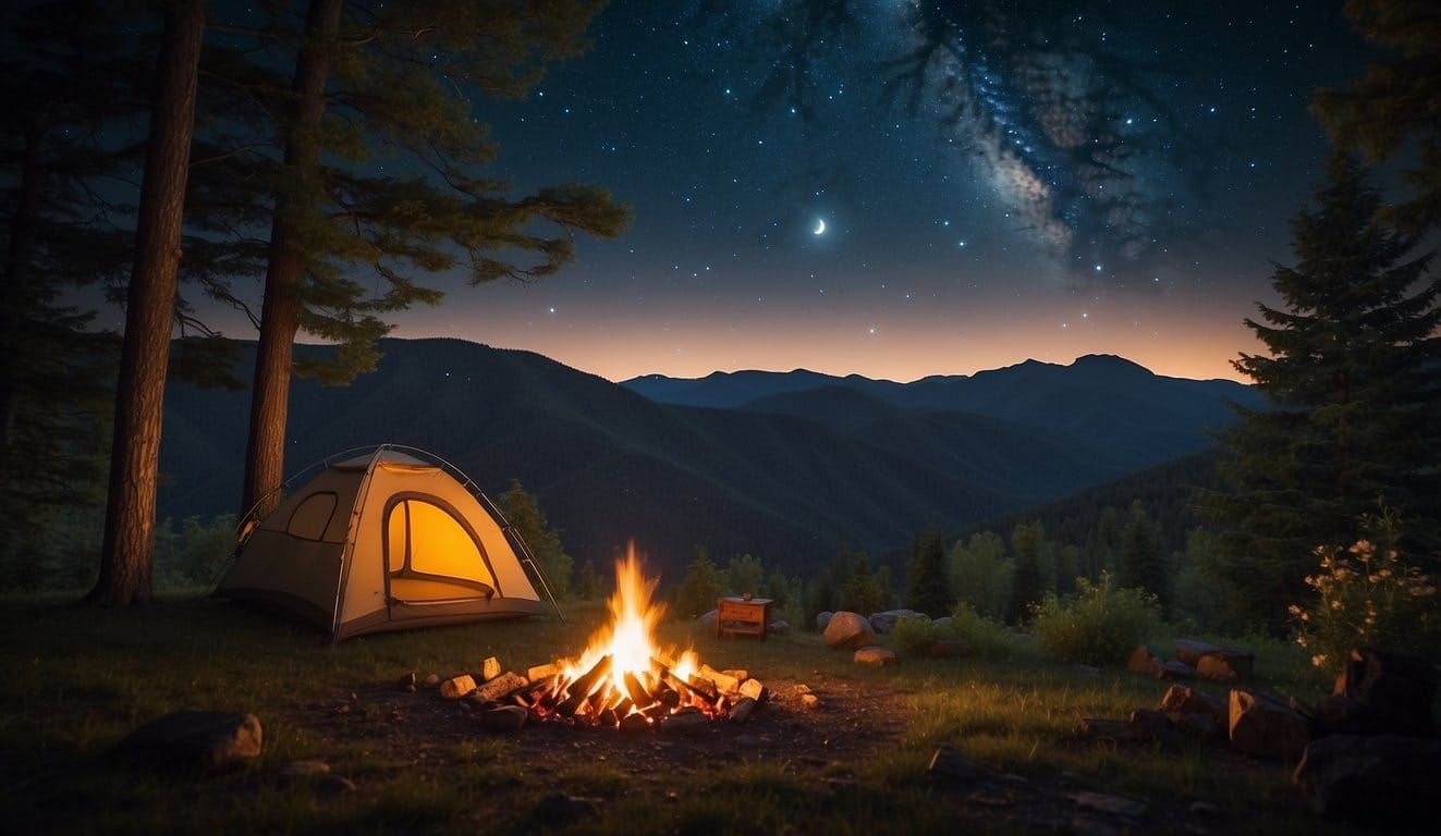 A serene campsite with a glowing campfire, surrounded by lush trees and a starry night sky, creating a peaceful and tranquil atmosphere for unplugging and digital detoxing