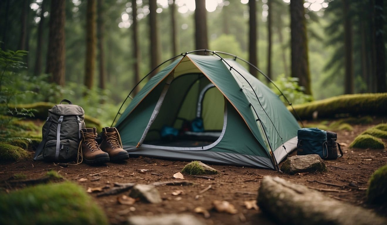 A camping scene with a tent, campfire, hiking boots, and a backpack surrounded by nature