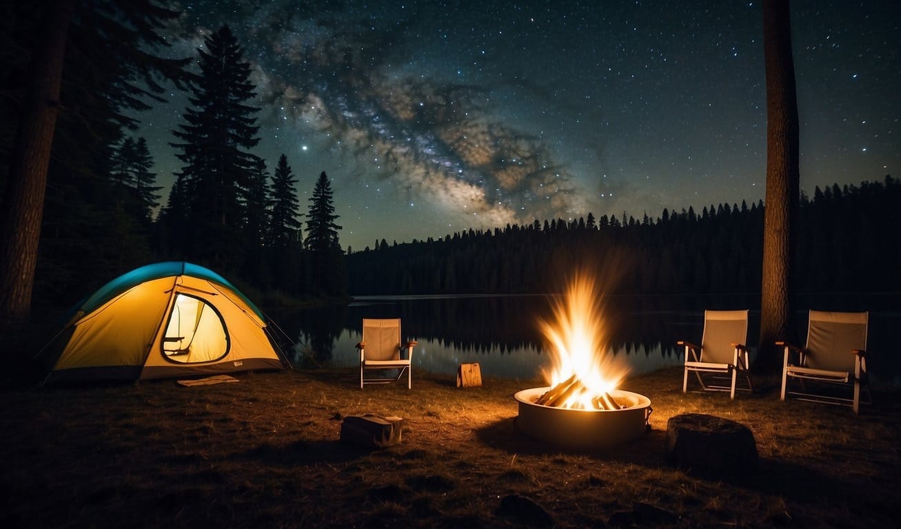 A campfire crackles under a starry sky, casting a warm glow on a group of tents nestled in a serene forest clearing. A river glistens nearby, and silhouettes of towering trees stand against the night