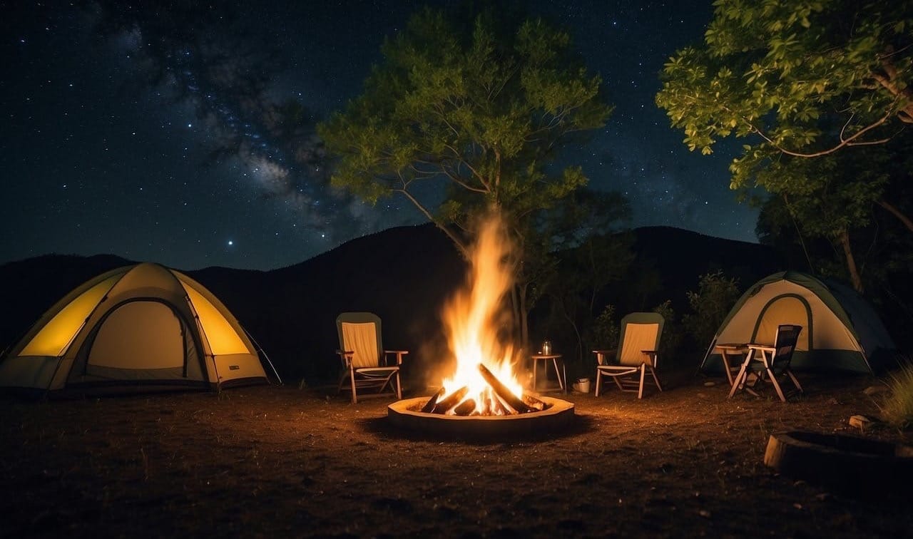 A campsite with a roaring fire, surrounded by lush green trees and a clear night sky filled with stars