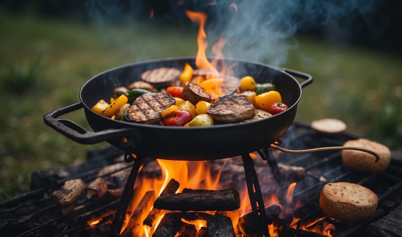 A pot bubbling over the flames and a grill sizzling with delicious food