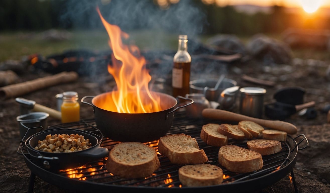 A crackling campfire with various ingredients, with the sun rising in the background