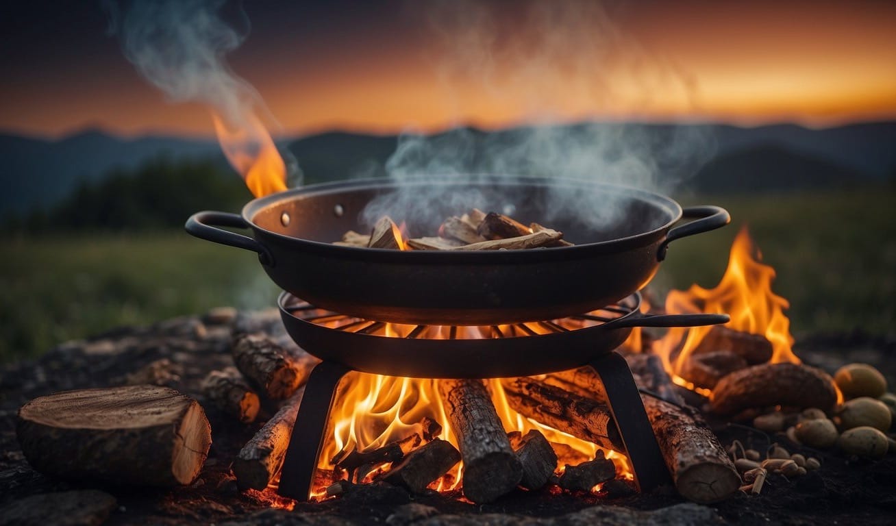 A crackling campfire surrounded by cooking utensils and ingredients, with a pot bubbling over the flames and aromatic smoke rising into the night sky
