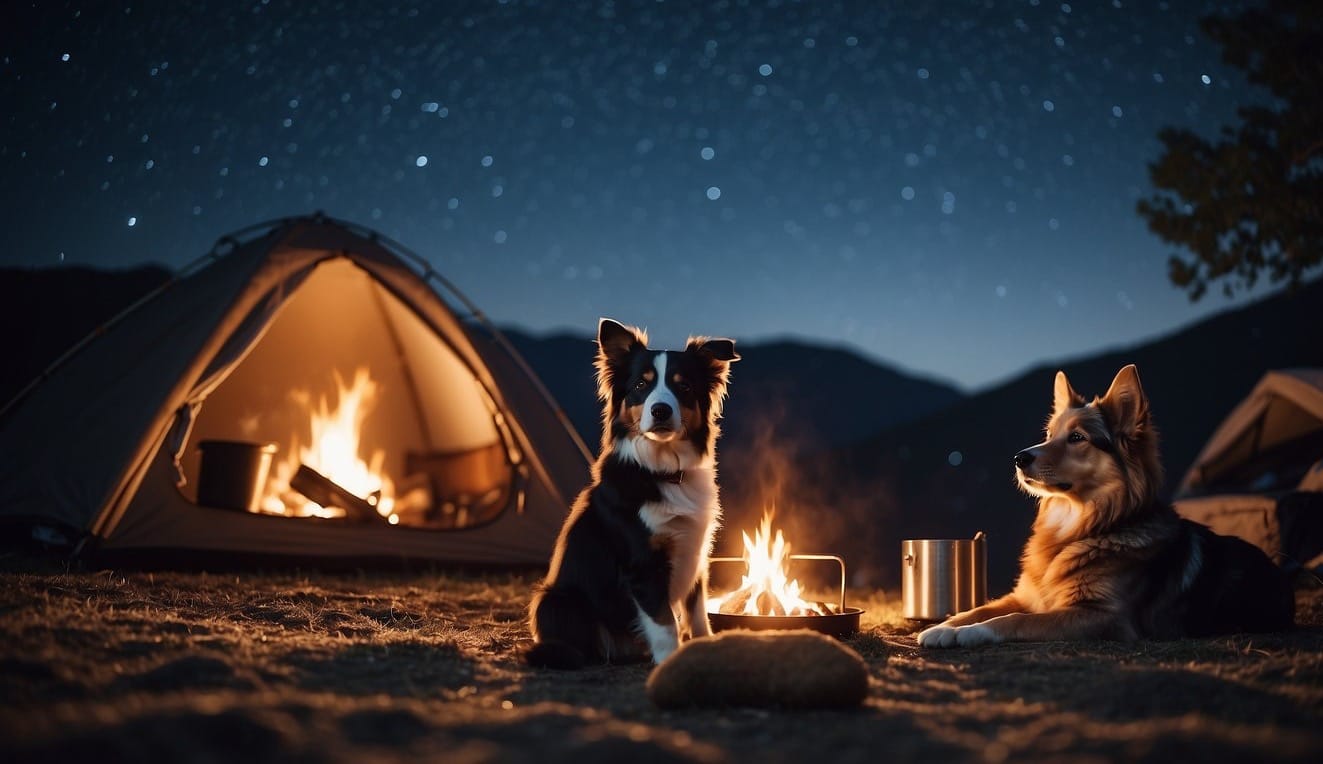 A cozy campfire surrounded by tents and pets