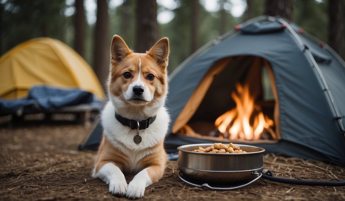 A tent, pet bed, leash, and food bowls are scattered around a campsite. A dog sits by a crackling fire, while a cat lounges in a cozy hammock