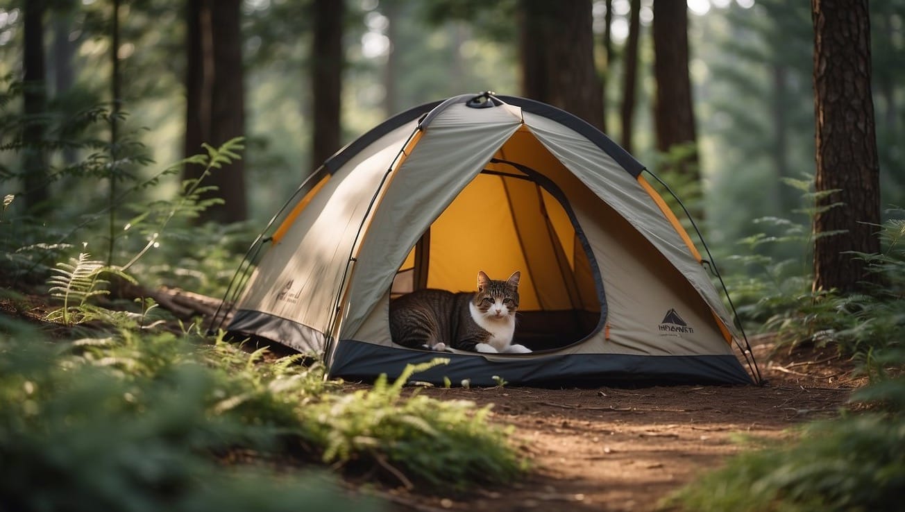 cat sitting inside a camping tent
