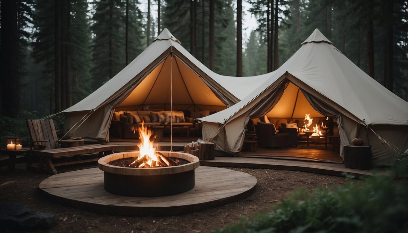 A luxurious tent nestled in a picturesque forest, with a cozy bed, stylish furnishings, and a crackling fire pit outside