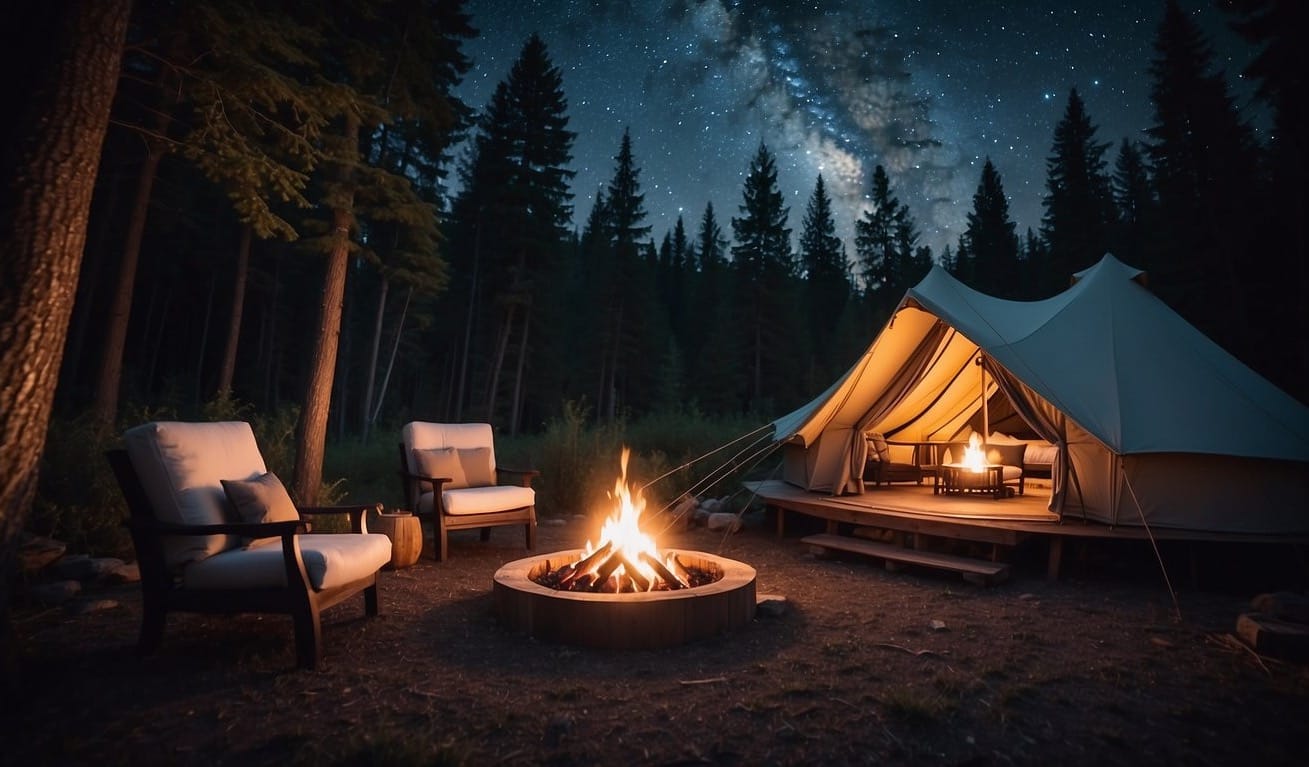 A luxurious glamping tent nestled in a serene forest with a crackling campfire, cozy seating, and a view of the starry night sky
