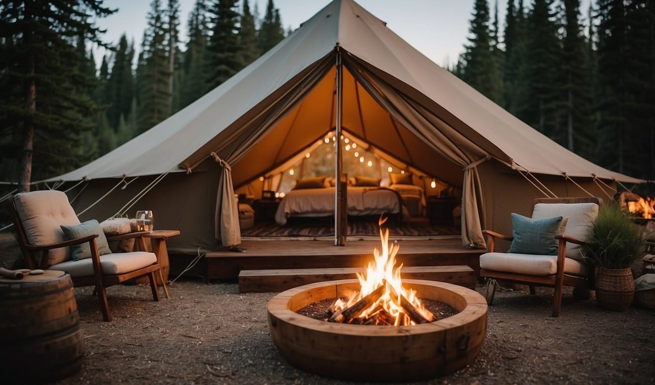 A luxurious glamping tent nestled in a serene wilderness setting, with a cozy bed, elegant furnishings, and a crackling fire pit outside