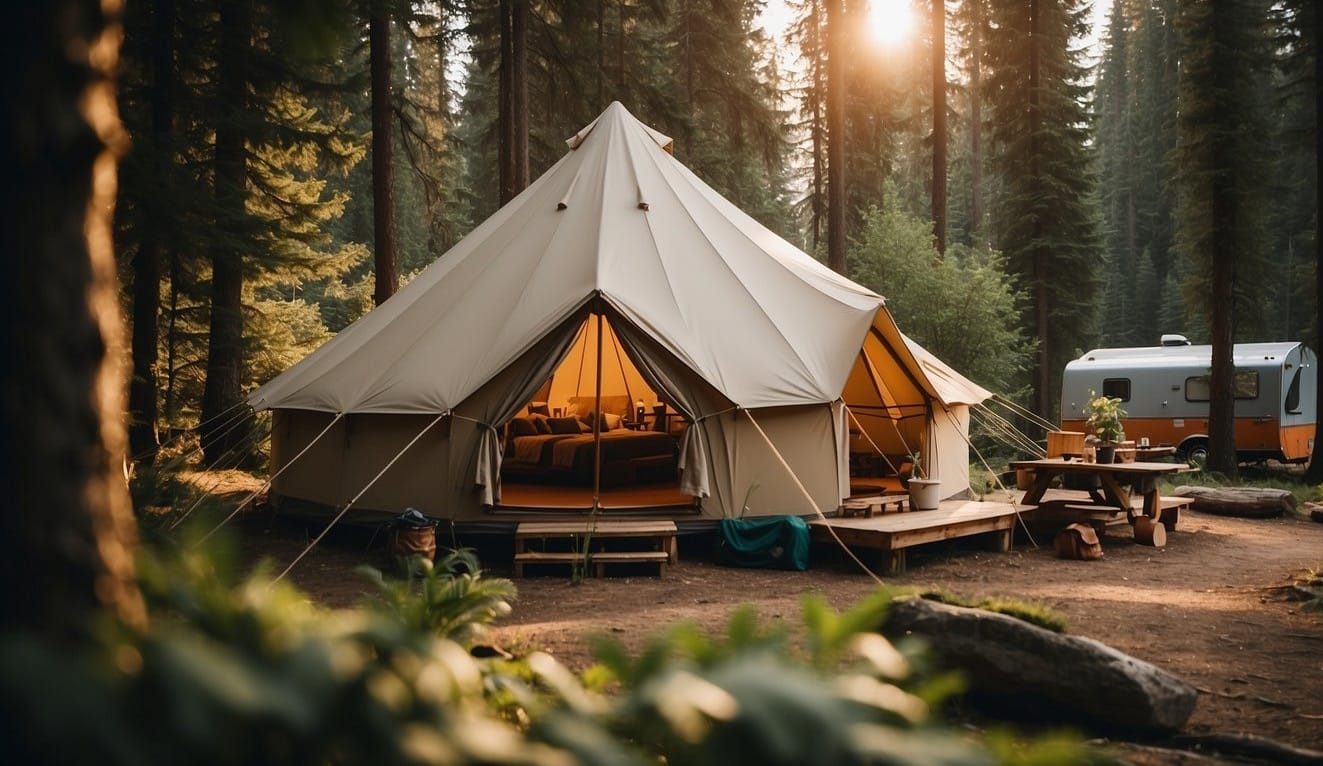 A cozy glamping tent nestled in a lush forest, with a crackling campfire and adventurous activities like hiking, kayaking, and mountain biking nearby