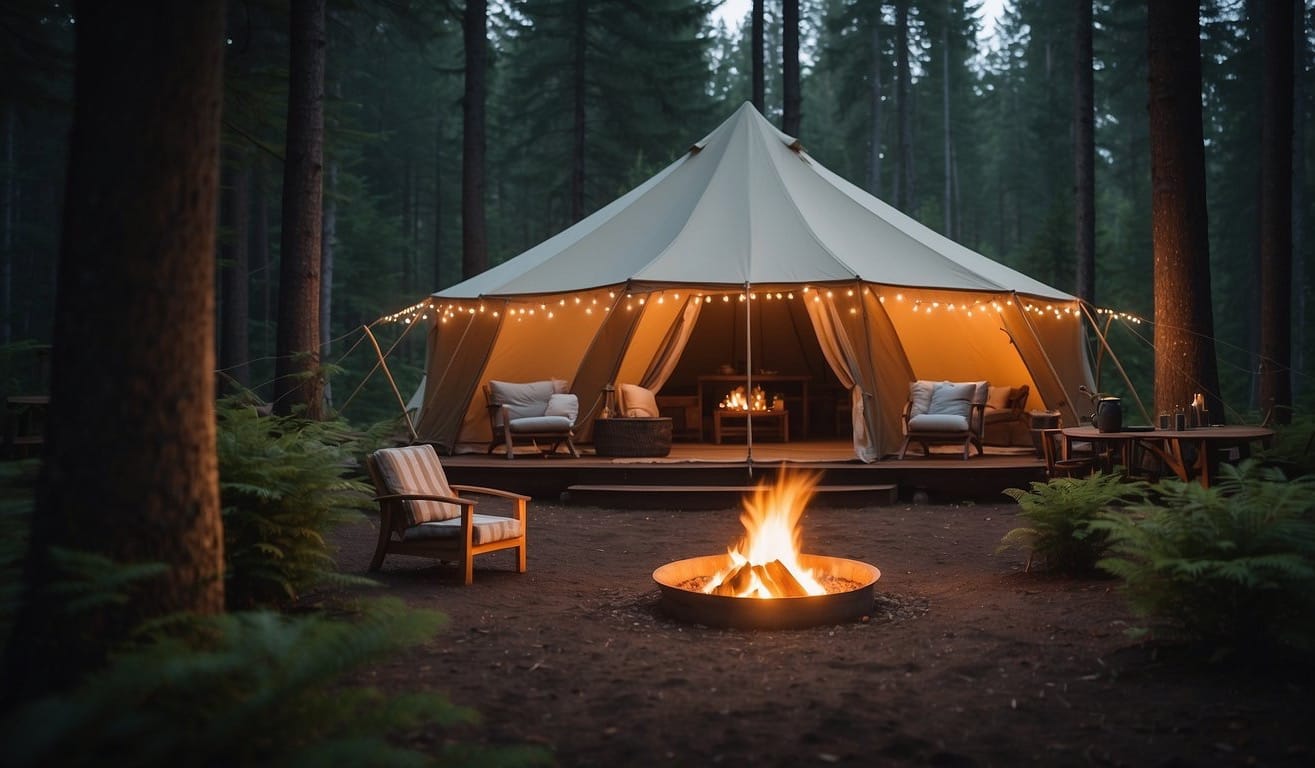 A luxury tent nestled in a serene forest, with a cozy bed, twinkling string lights, and a crackling fire pit outside