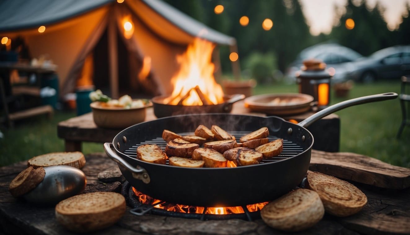 A crackling campfire surrounded by cooking essentials like pots, pans, and utensils. A cozy backyard setting with a tent in the background