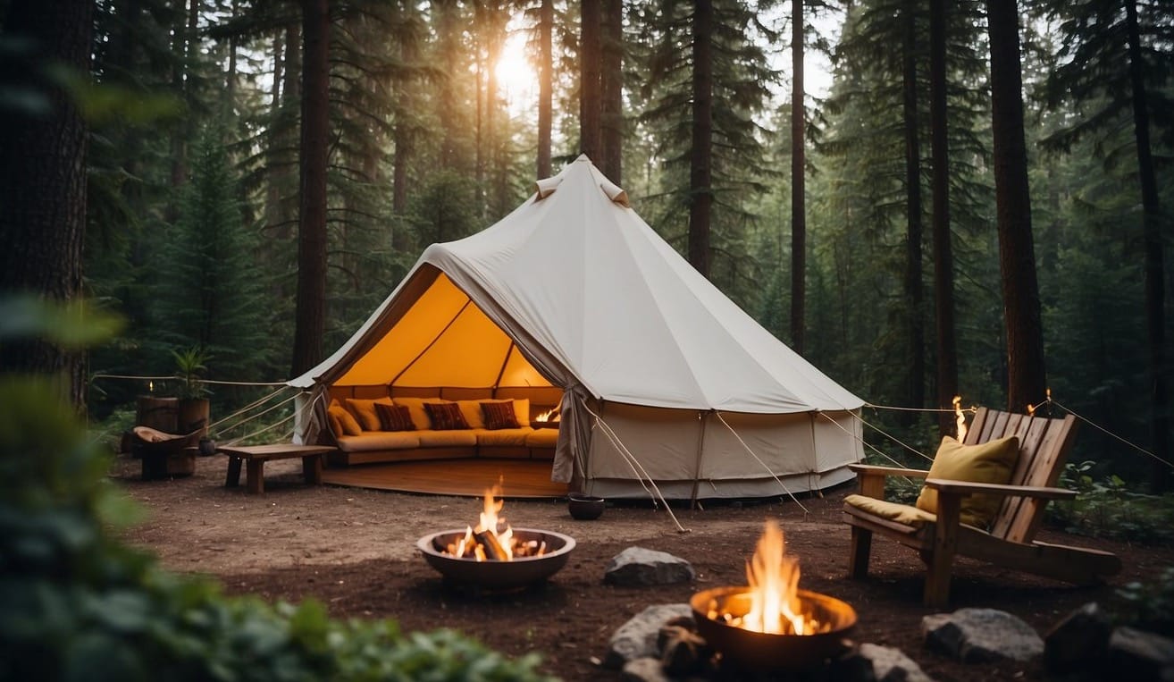 A cozy glamping tent nestled in a lush forest, with a crackling fire pit and a comfortable seating area, surrounded by towering trees and the sounds of nature