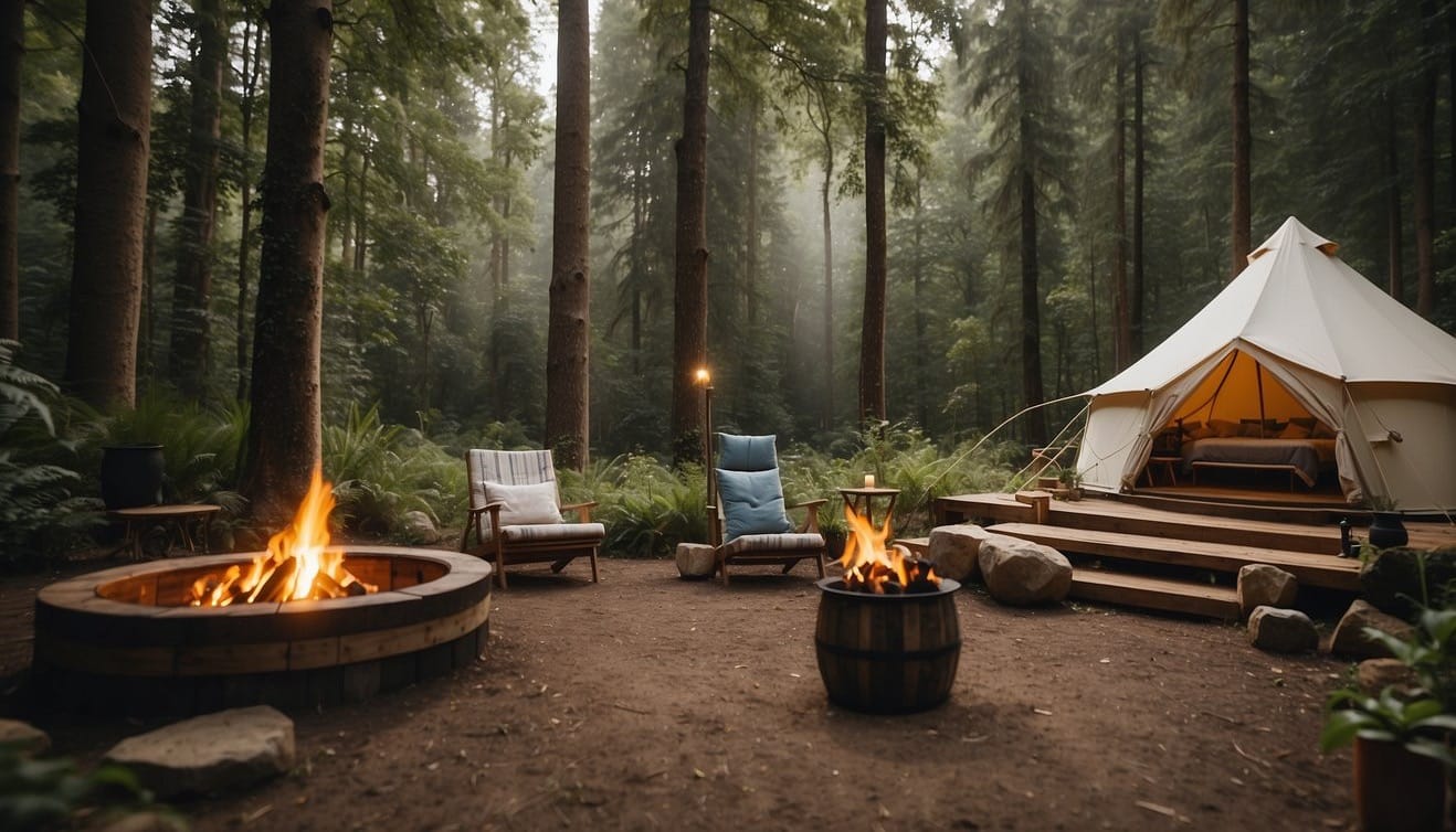 A luxurious glamping tent nestled in a lush forest, surrounded by solar panels and recycling bins. A clear stream flows nearby, and a cozy fire pit invites relaxation under the stars