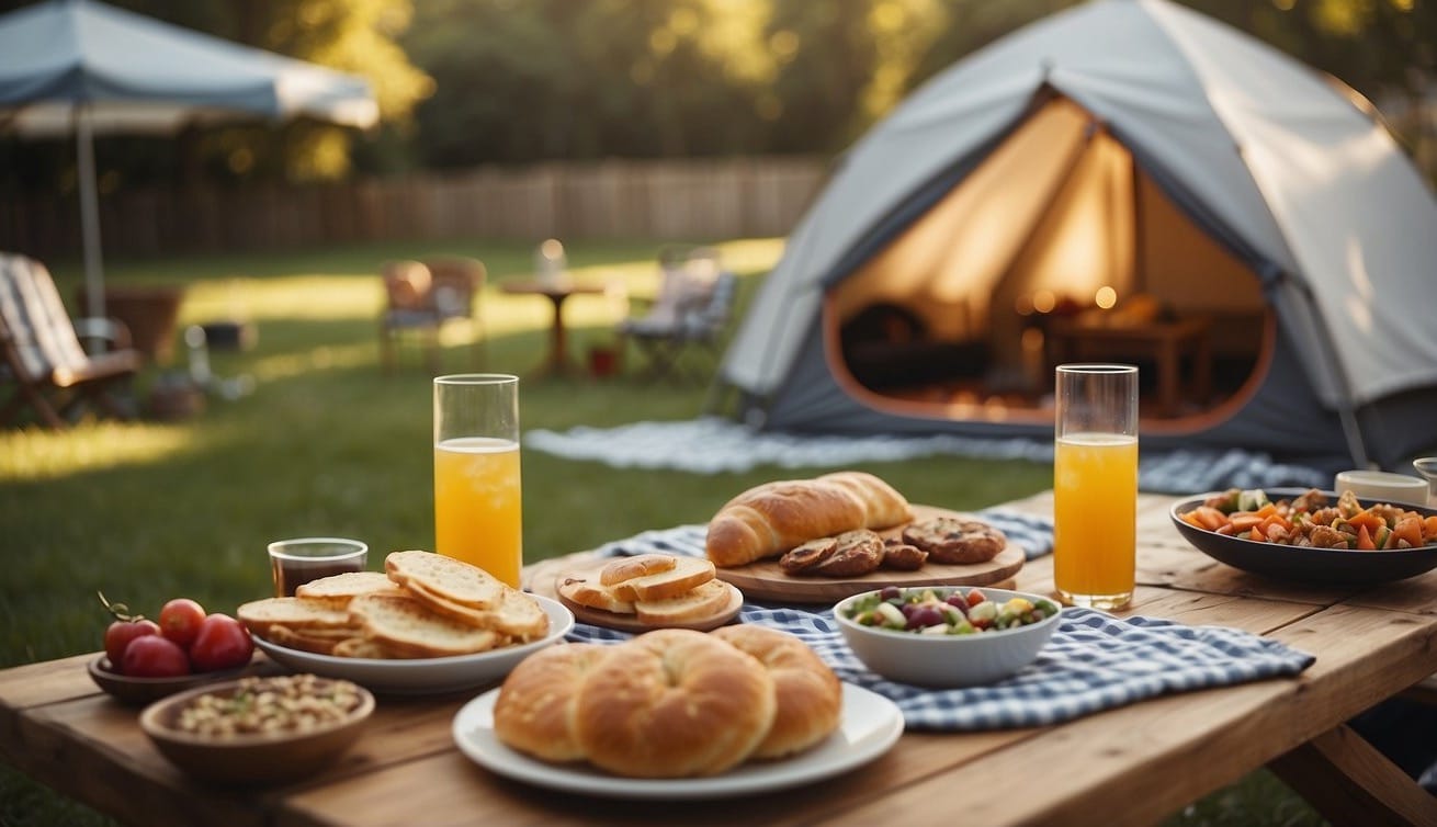 A cozy backyard setup with a tent, picnic blanket, and cushions. A table is adorned with a spread of food and drinks