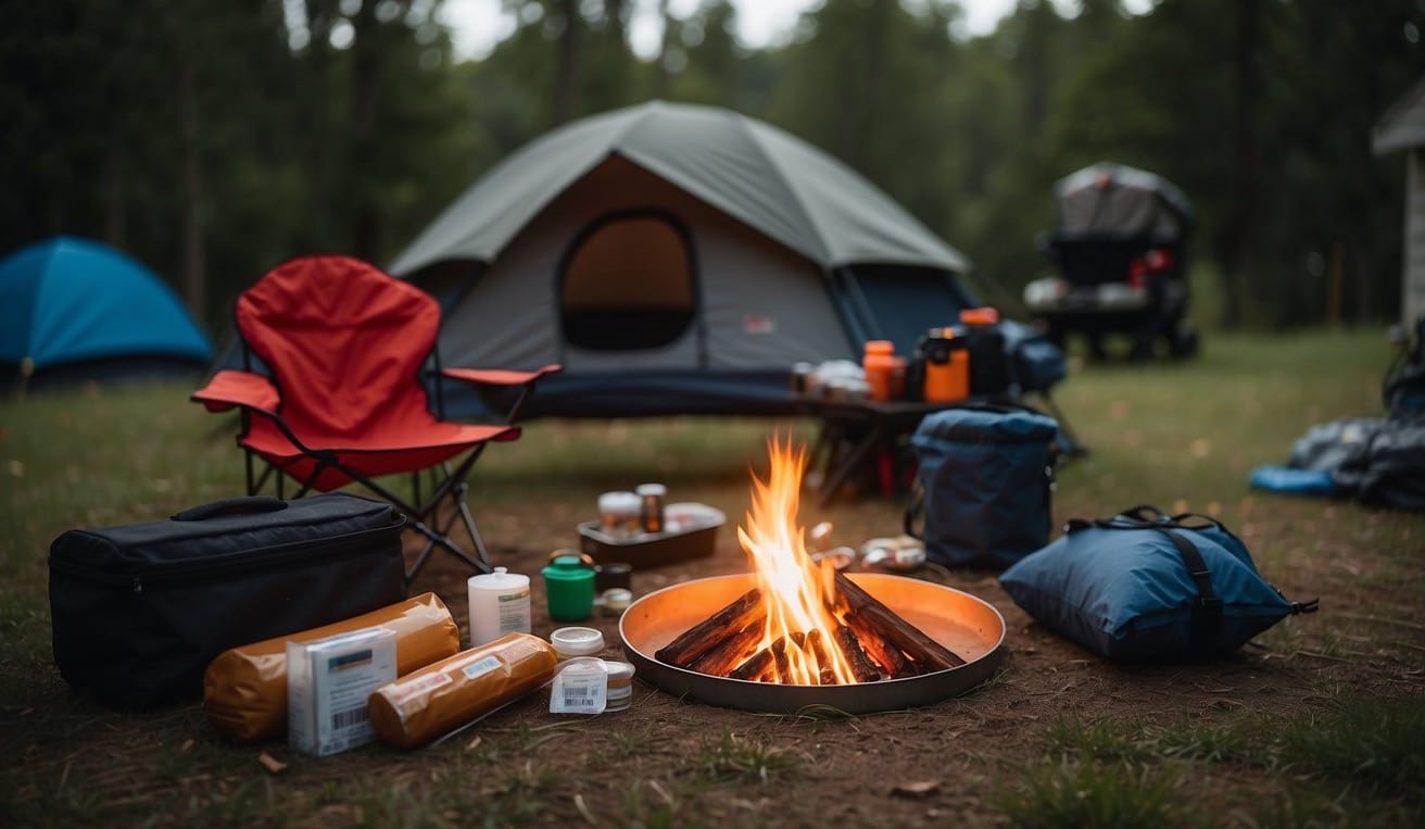 A backyard campsite with a fire pit, first aid kit, and emergency supplies neatly organized.